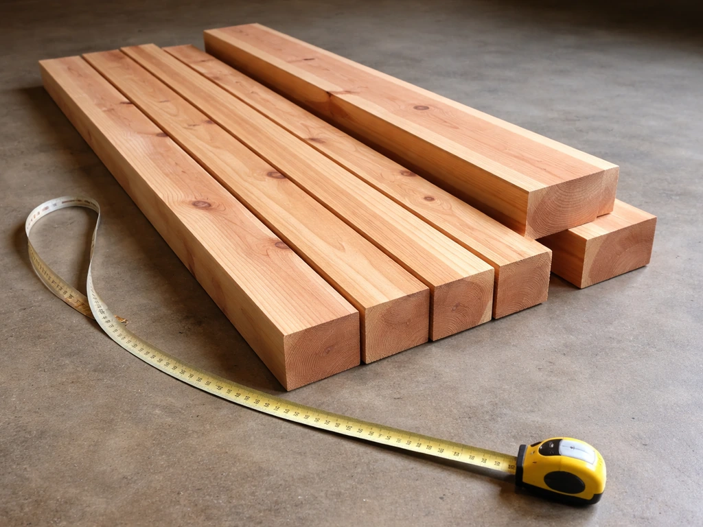 Close-up of cedar boards with a tape measure laid alongside for an outdoor patio bench build
