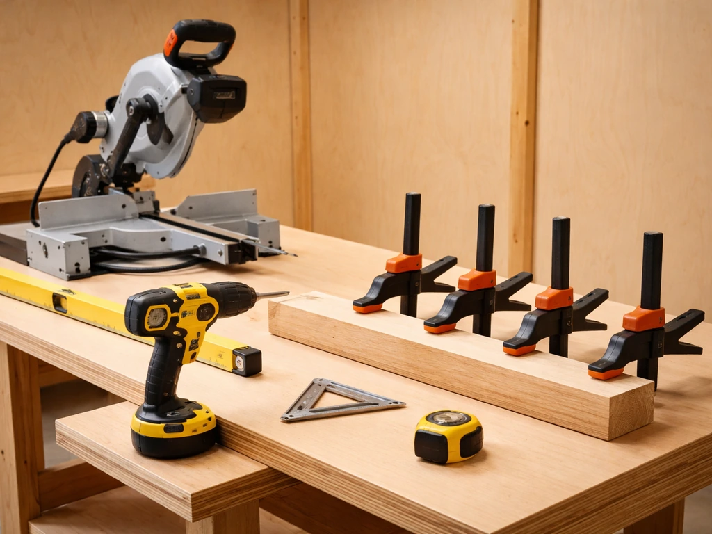 Workshop workbench with miter saw, cordless drill, and four clamps holding a wood offcut.