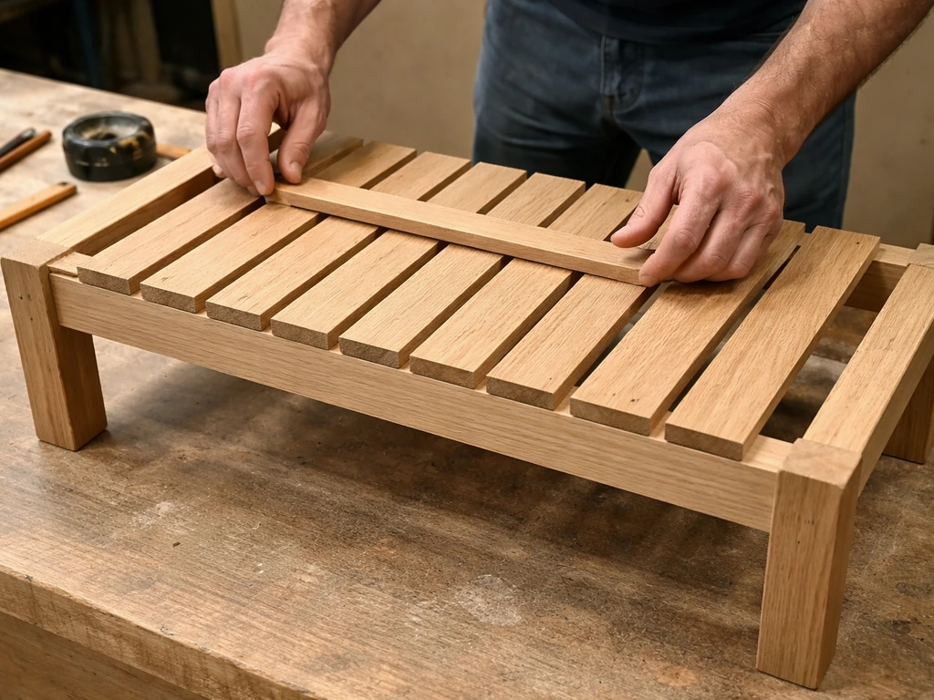 Bench frame with wooden seat slats aligned on top, showing even 1/4-inch spacing