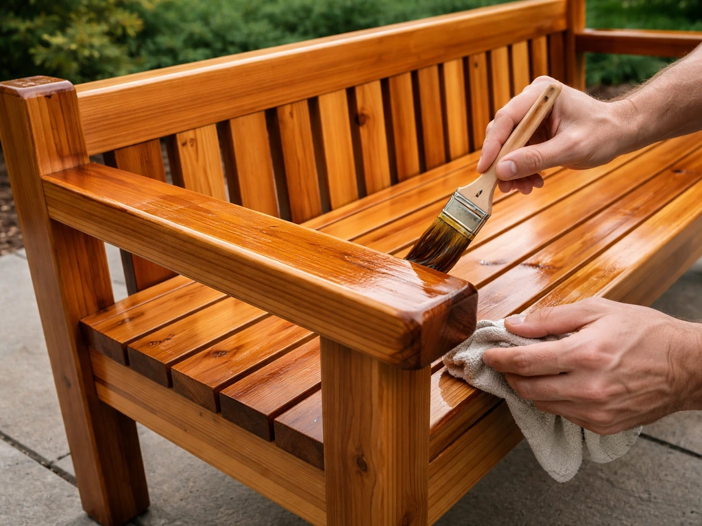 Hands applying exterior oil to a cedar bench surface with a rag, showing weatherproofing in progress.