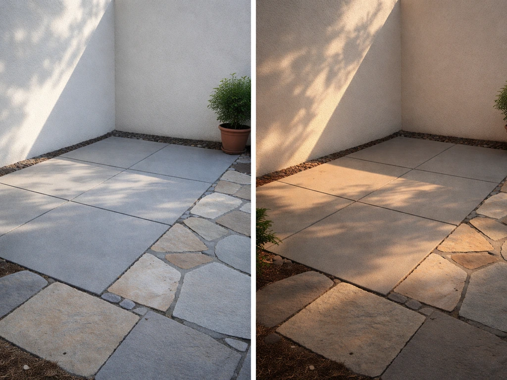 Morning vs afternoon sunlight on an empty patio spot, highlighting changing shadows and sun exposure.