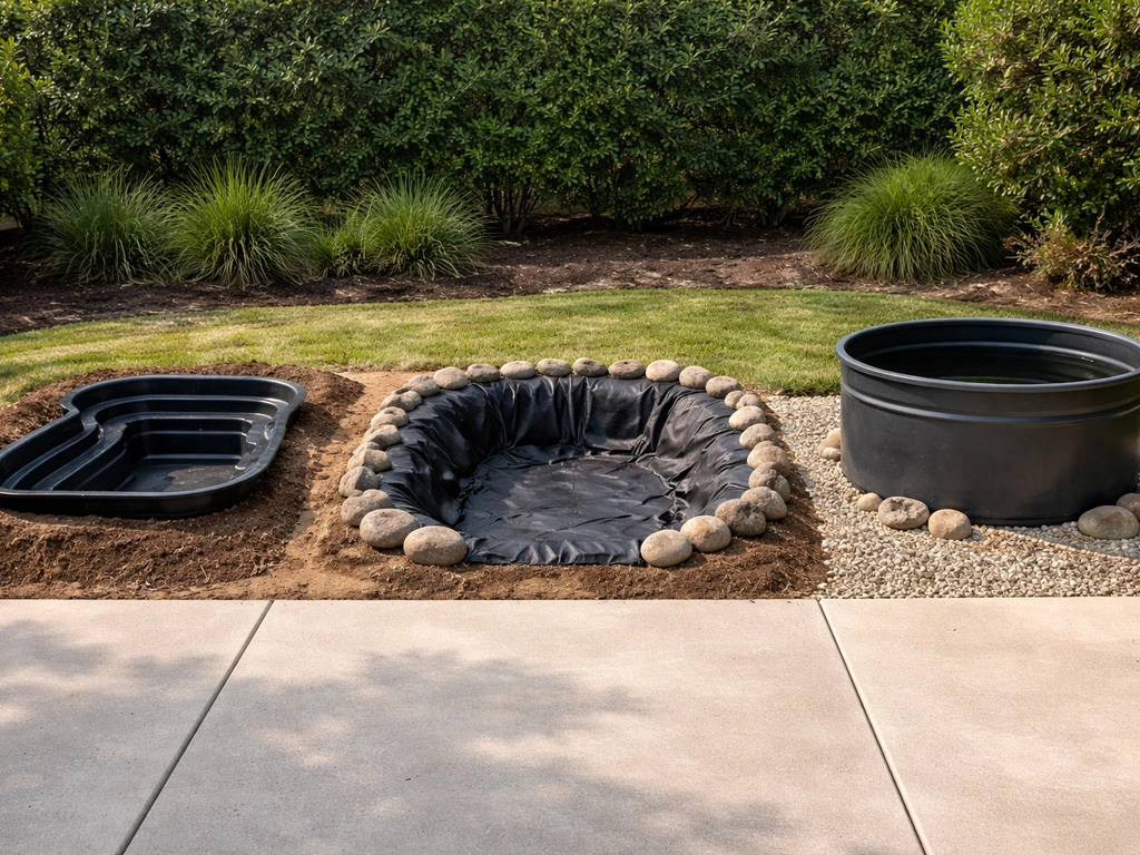 Three small patio pond options shown side-by-side: rigid shell, EPDM liner excavation, and a stock-tank container.