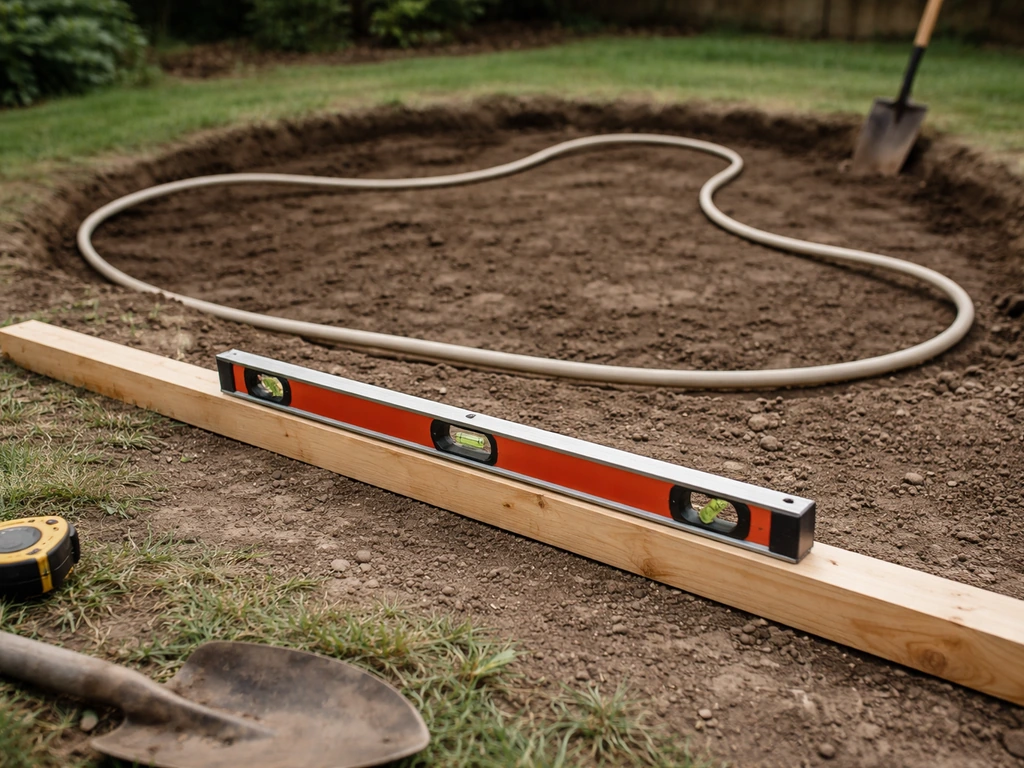 Close-up of a long carpenter’s level held across a marked pond edge beside a garden hose