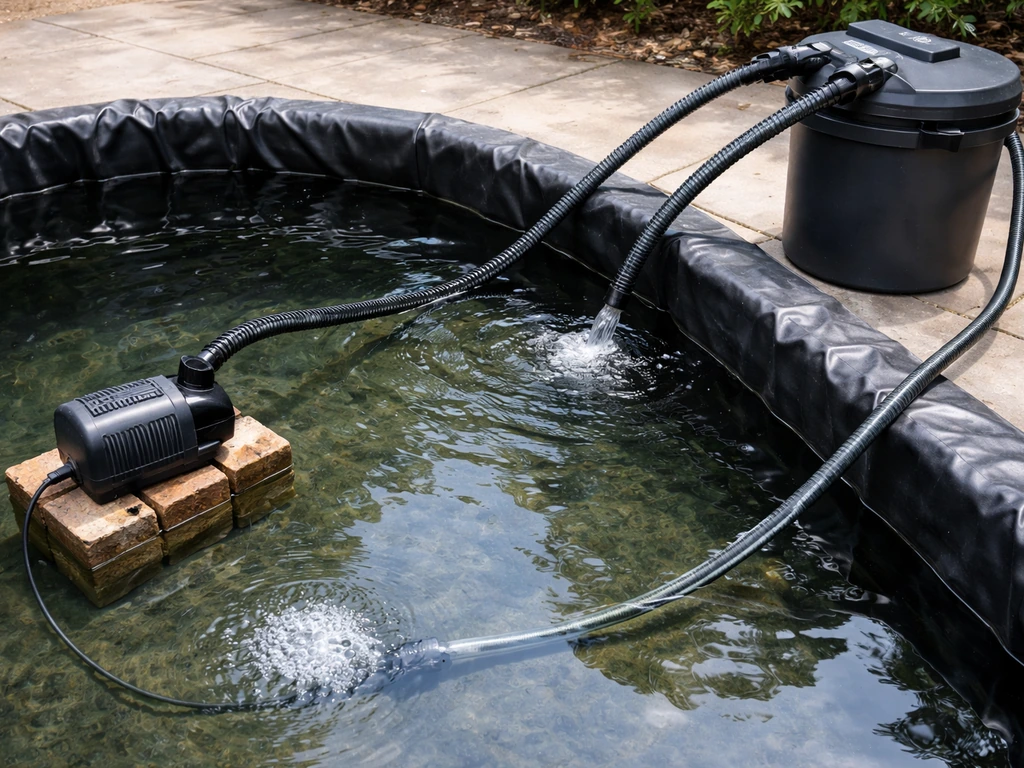 Clean patio pond equipment setup showing pump output line, filter inlet/outlet, and return tubing with gentle aeration.