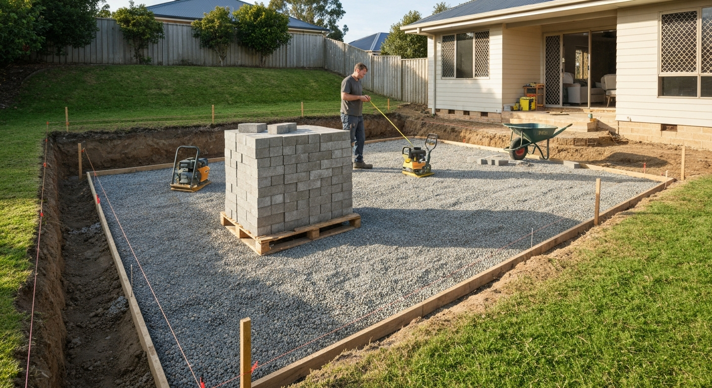 Backyard patio under construction: excavated area with gravel base, stacked pavers, plate compactor, and string-line grade references.