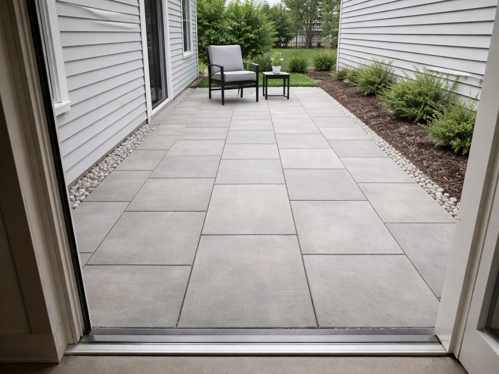 Newly finished DIY patio with clean paver lines, attached to house and visible transition from door to outdoor seating.