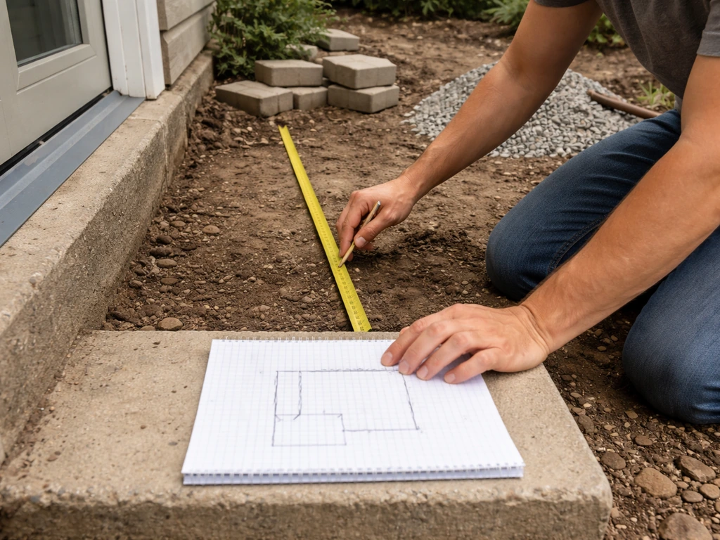 DIY homeowner kneels by a back door area, measuring and sketching a backyard patio layout on graph paper.