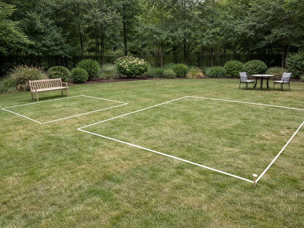 Backyard ground tape/string outlines showing a smaller 12x12 vs larger 16x16 patio area.