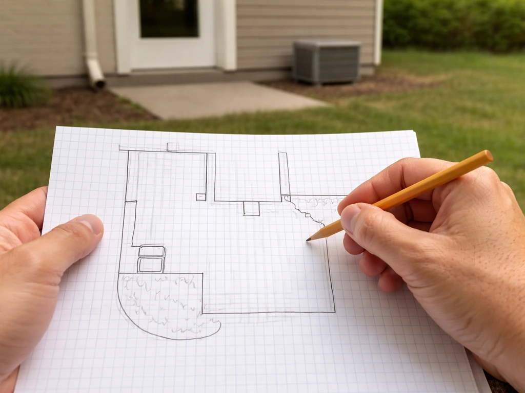 Hands sketch a scaled patio plan on graph paper with simple doorway and obstacle marks.
