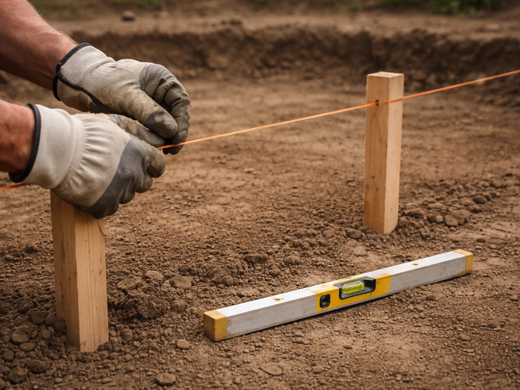 Gloved hands tightening mason’s line on stakes with a level/rod on exposed soil during patio excavation.