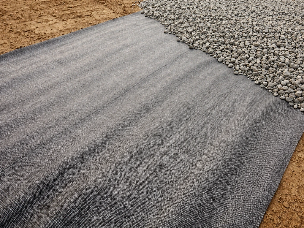 Woven geotextile fabric laid flat over compacted subgrade with gravel base preparation.