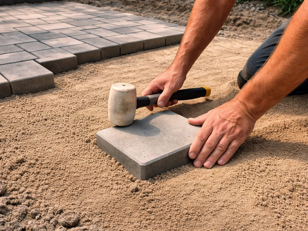 Hands place and tap the first paver in a corner on leveled bedding sand with a rubber mallet.