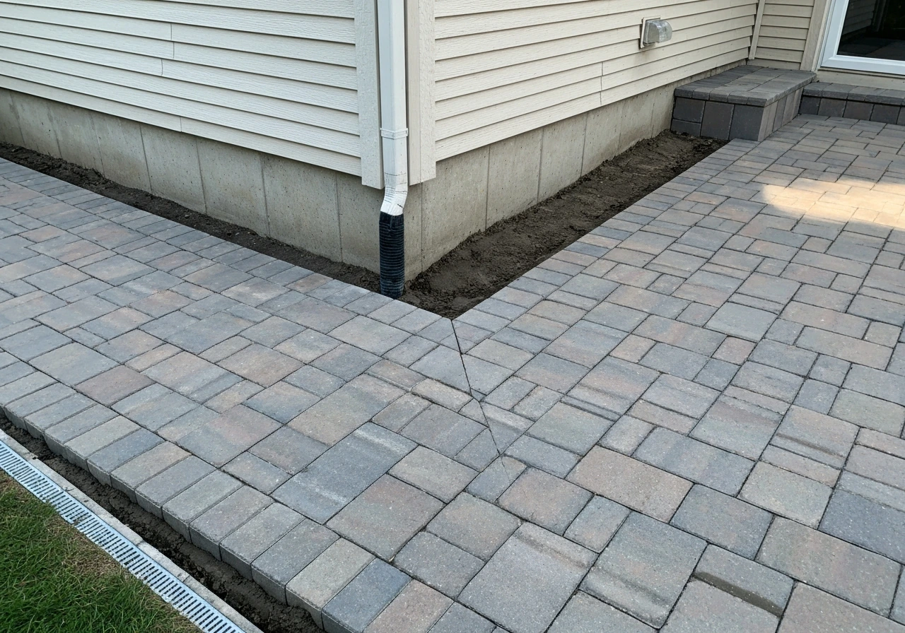 Finished L-shaped corner patio with clean paver lines along a house edge and a clear corner joint.
