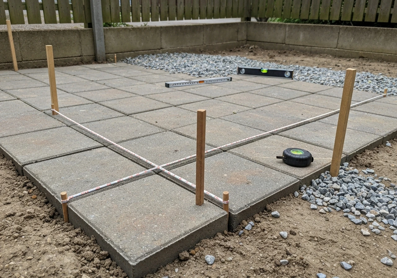 DIY measuring a 90-degree patio corner with stakes and a 3-4-5 rope setup
