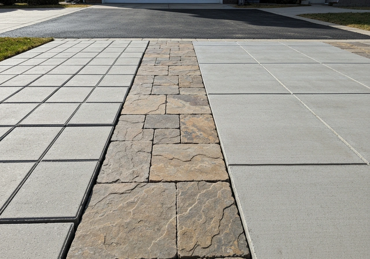 Three patio surface samples side-by-side: concrete pavers, natural stone pavers, and a concrete slab.