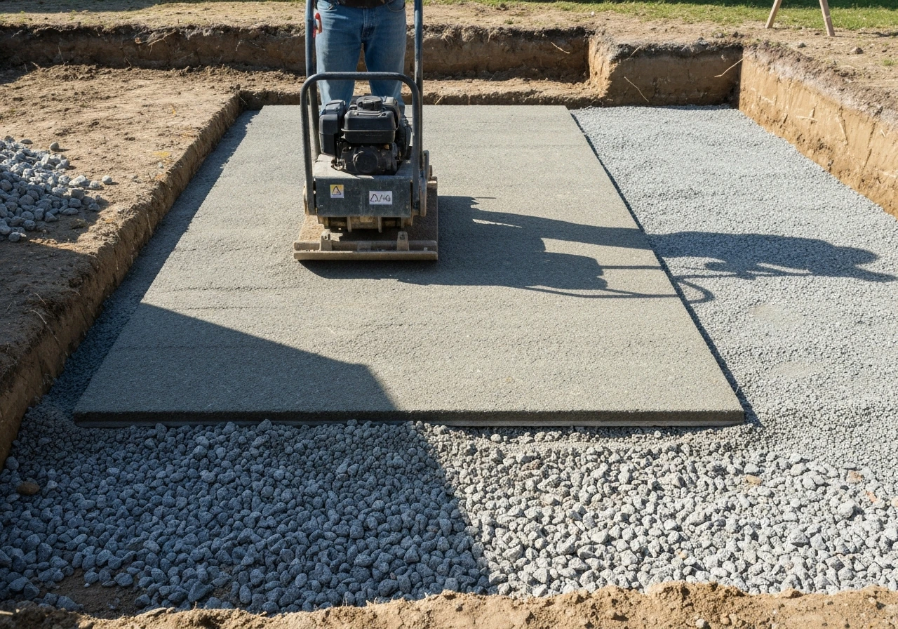 A plate compactor tamping down a freshly spread gravel patio base during site preparation.