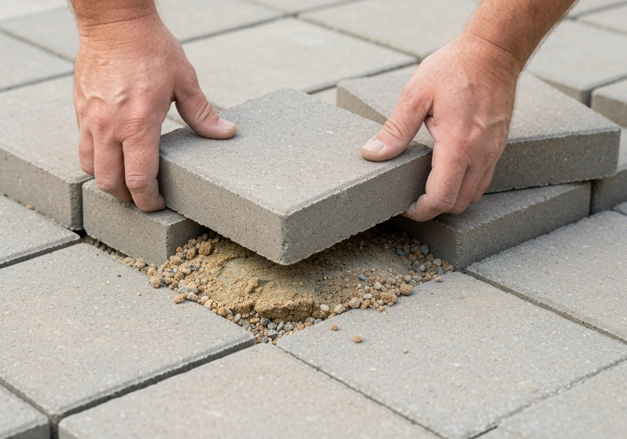Hands lifting rocking corner paver to reveal uneven, exposed sand and gravel base