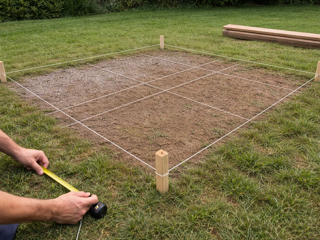 Hands measuring on the ground as strings mark a square 12x12 deck layout with joist grid lines.
