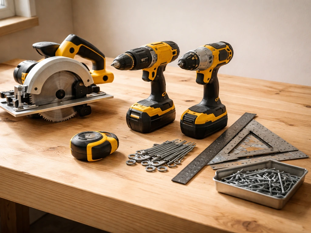 Tools laid out for building a deck: circular saw, drill/driver, impact driver, squares, tape measure, deck screws