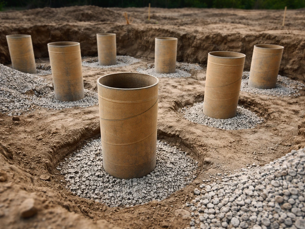 Concrete tube forms placed in dug footing holes with a gravel drainage base on a cleared construction site.