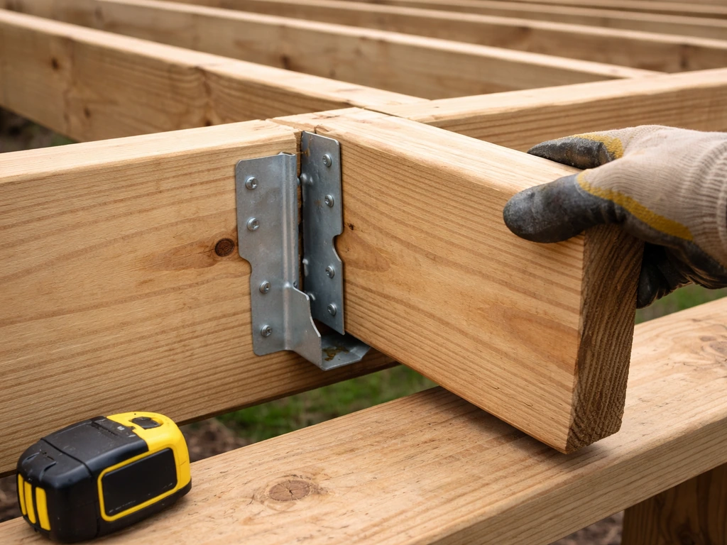 Deck framing timbers with a galvanized joist hanger and an interior joist being seated at spacing.