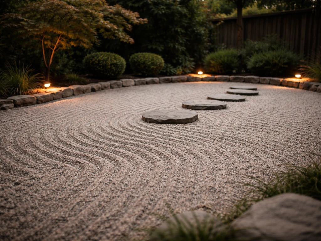 Wide view of a tranquil zen patio with raked gravel patterns and evenly spaced stones, soft low lighting.