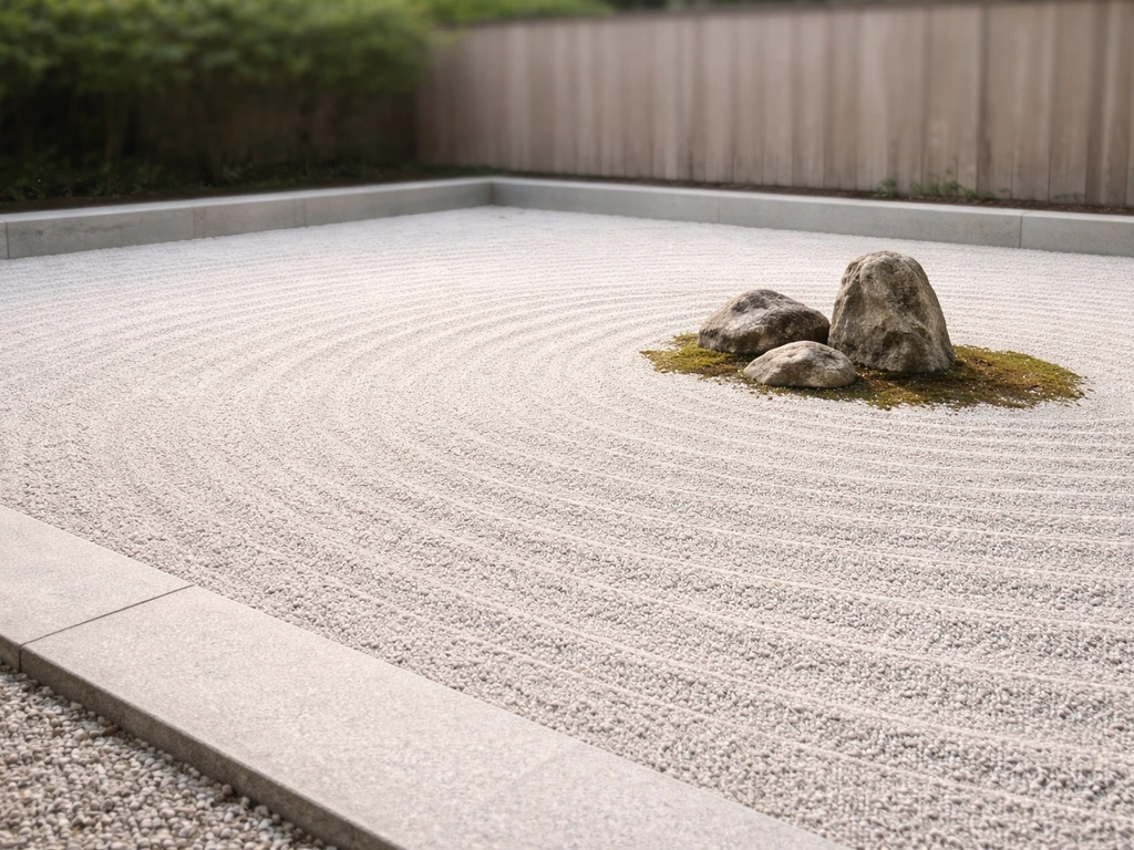 Minimal karesansui zen patio with raked gravel and a small stone grouping in a quiet courtyard.