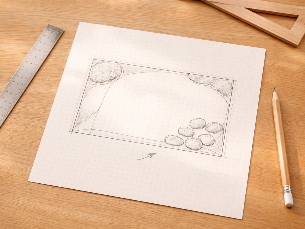Overhead shot of graph paper with a sketched zen patio rectangle and viewing-direction arrow.