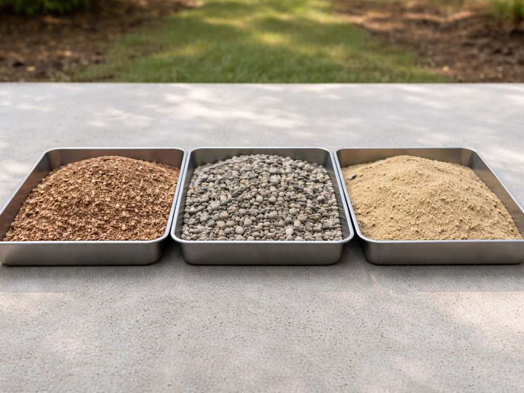 Three small side-by-side trays showing decomposed granite, pea gravel, and coarse builder’s sand textures.