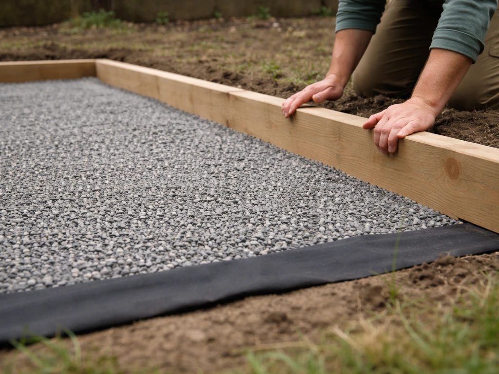 Freshly leveled gravel bed with neat timber edging defining a clean garden perimeter