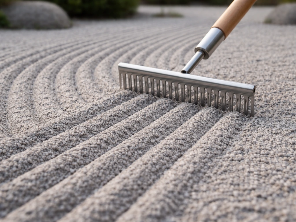 Fine-toothed rake drawing crisp parallel and curved patterns into gray gravel for a zen finish.