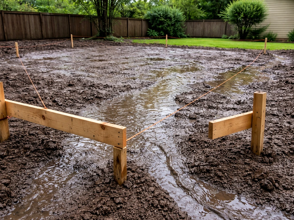 Backyard after rain: puddles and trickling water paths with batter boards and mason’s line marking patio corners.