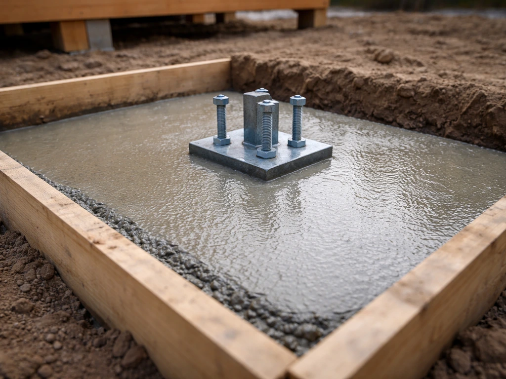 Close-up of fresh concrete footing with post form and anchor hardware in a prepared ground hole