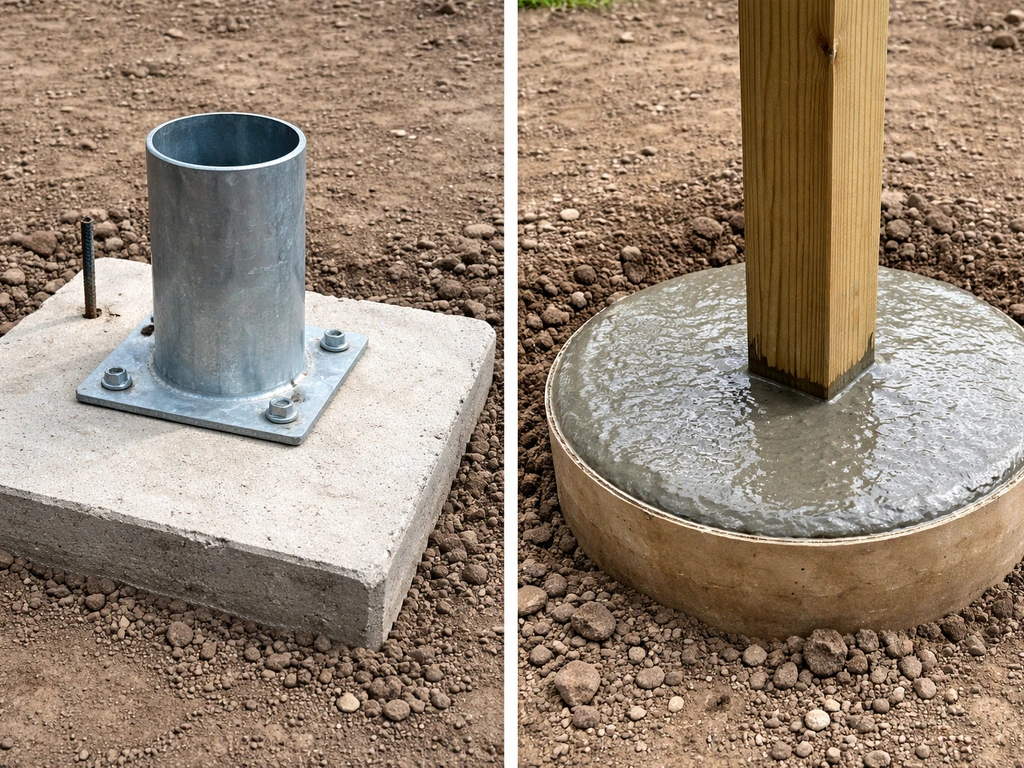 Split-view photo showing two footing conditions: post base on cured concrete and embedded post in fresh wet concrete.