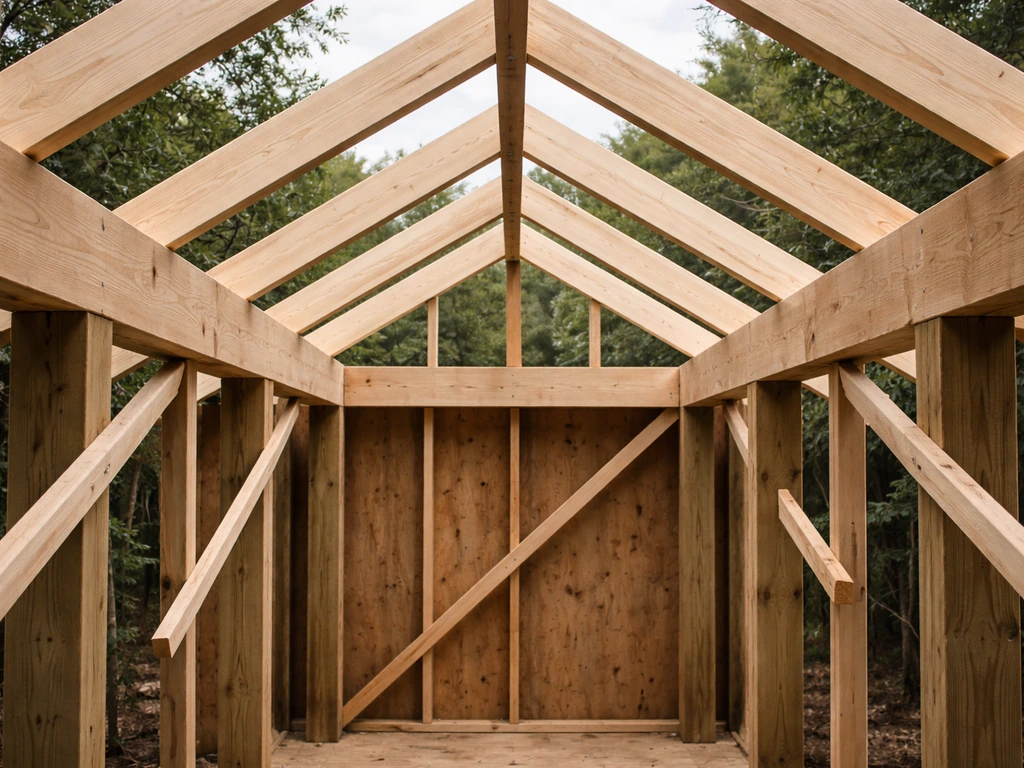 Beams across 6x6 posts with rafters held in place by temporary braces for a squared shed frame.