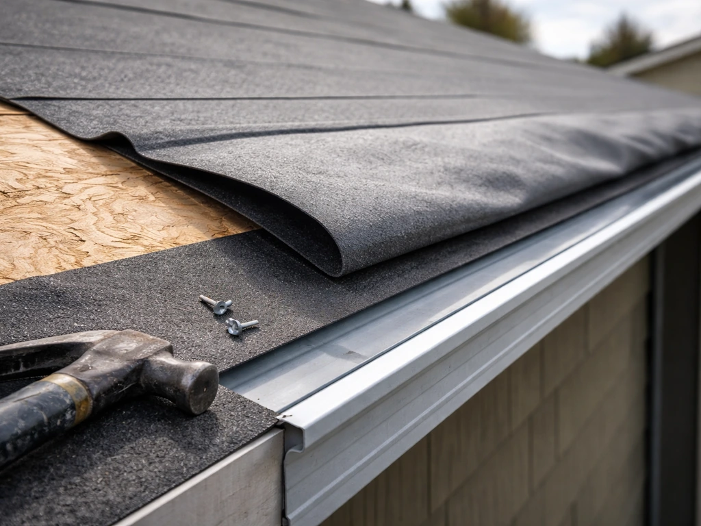 Close-up of roof decking and underlayment with drip edge and water management at the eave.