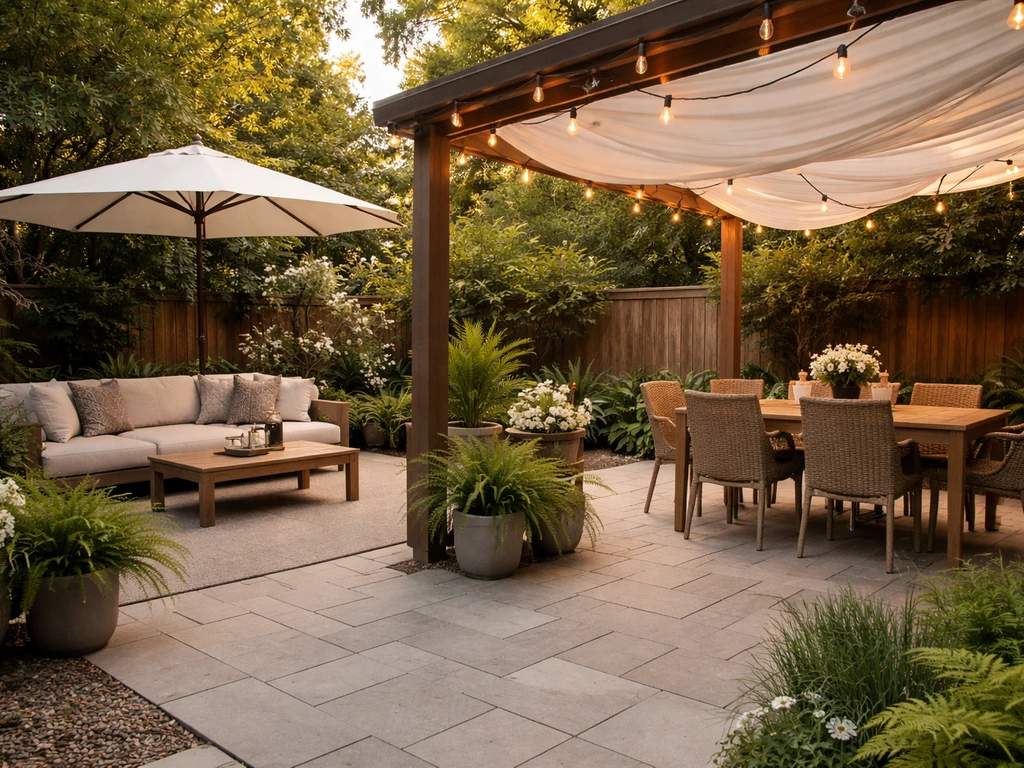 Cozy patio oasis with separated seating and dining zones, layered shade, warm string lights, and lush potted plants.