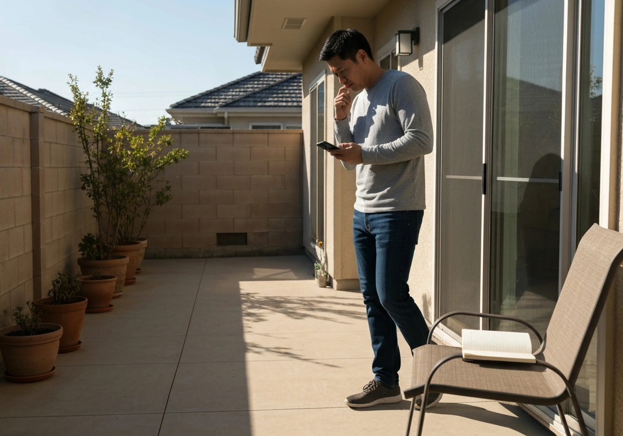 Homeowner on a backyard patio checking sunlight with a phone and small notebook at morning light.