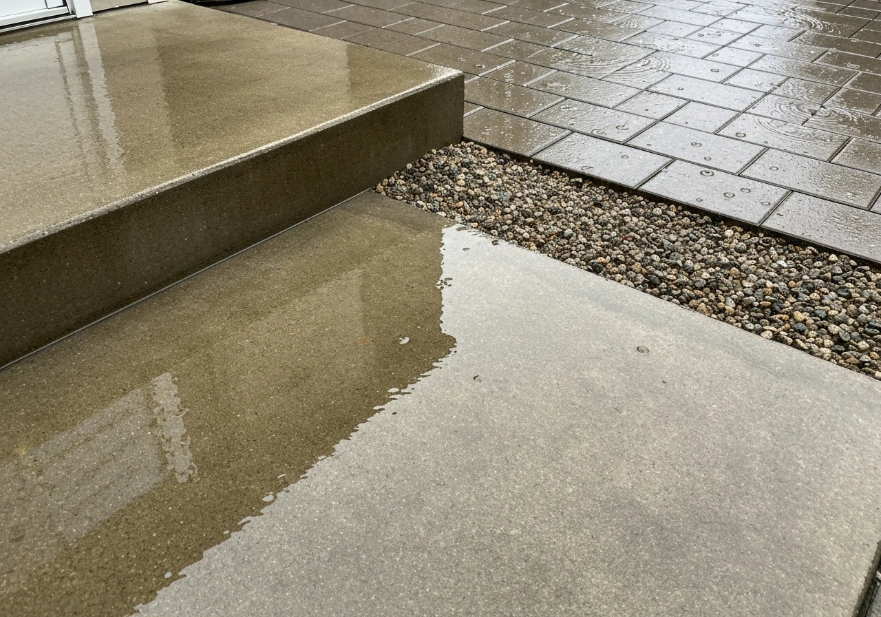 Puddles pooled along a rain-wet patio edge, showing poor drainage on concrete pavers.