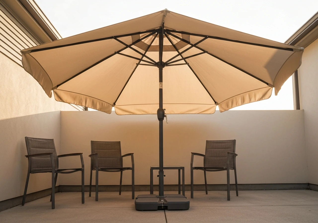 Tilting market umbrella shading an outdoor seating area with a weighted base visible.