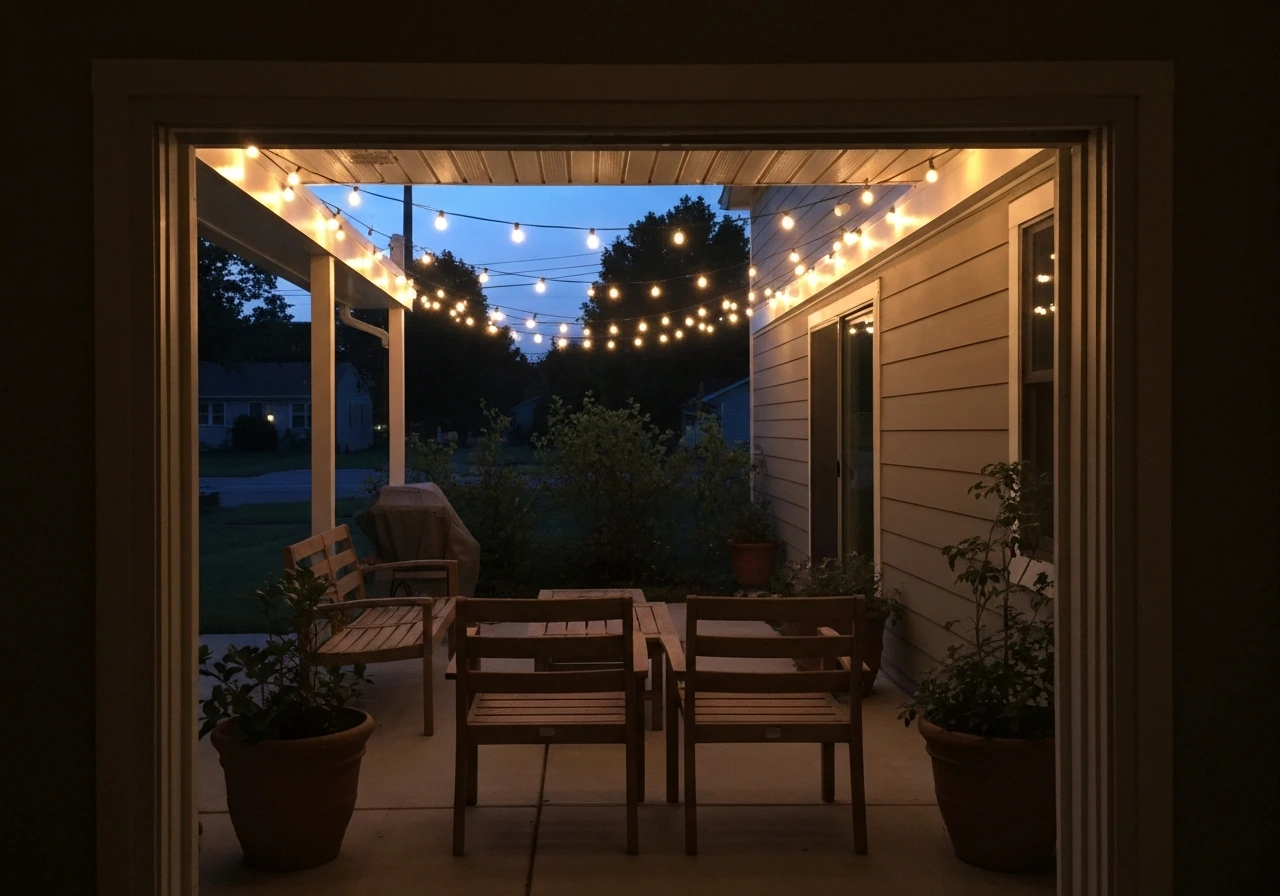 Warm string lights glowing over a quiet patio at dusk, creating an inviting evening mood.