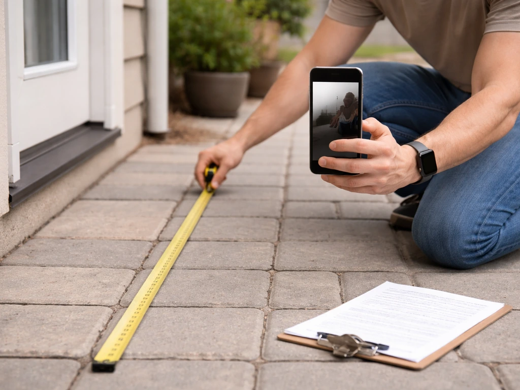 Anonymous homeowner measuring a backyard patio with a tape measure and using a phone to capture photos.