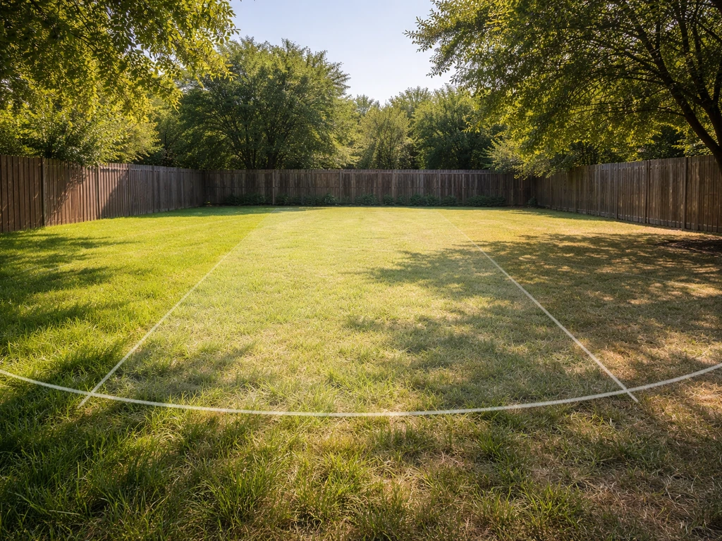 Backyard yard divided into three sun-shadow zones showing morning, midday, and late-afternoon light