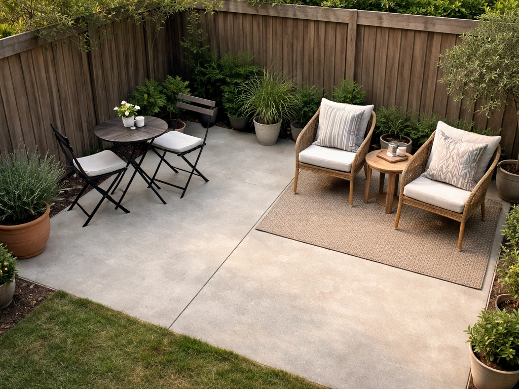 Minimal patio layout scene showing small outdoor seating zone options with bistro and lounge spacing