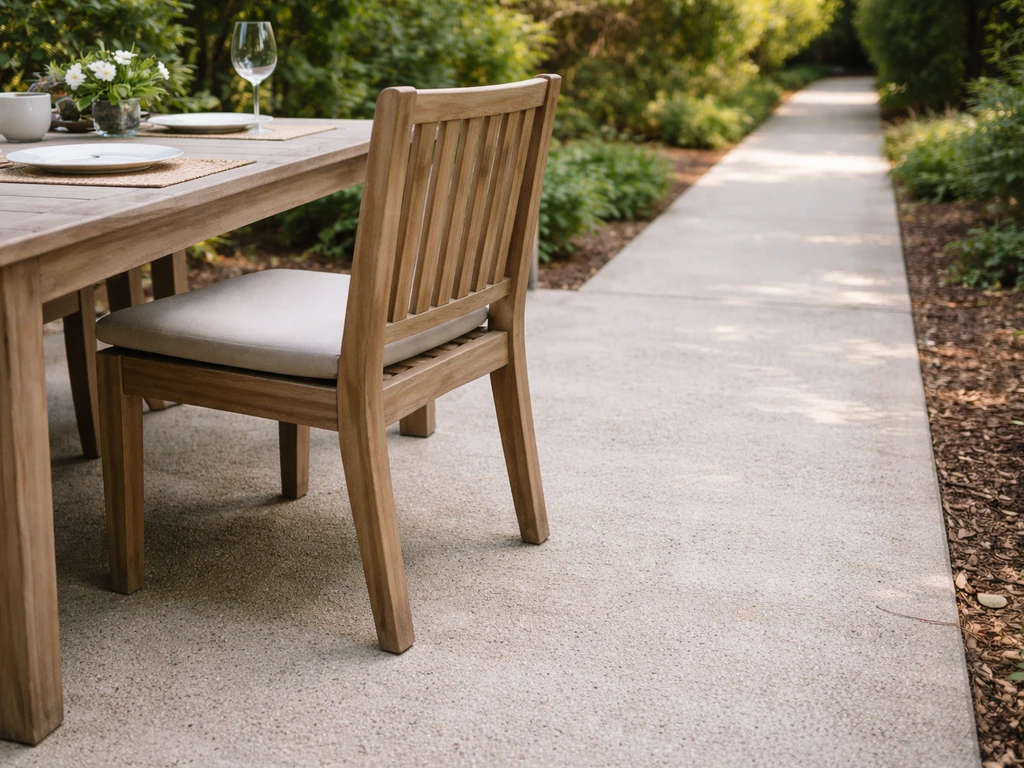 Patio dining chair pulled out with clear space behind it and a wide walkway beside the table.