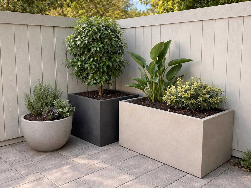 Two large corner and back-edge planters on a small patio, showing soil and plant height.
