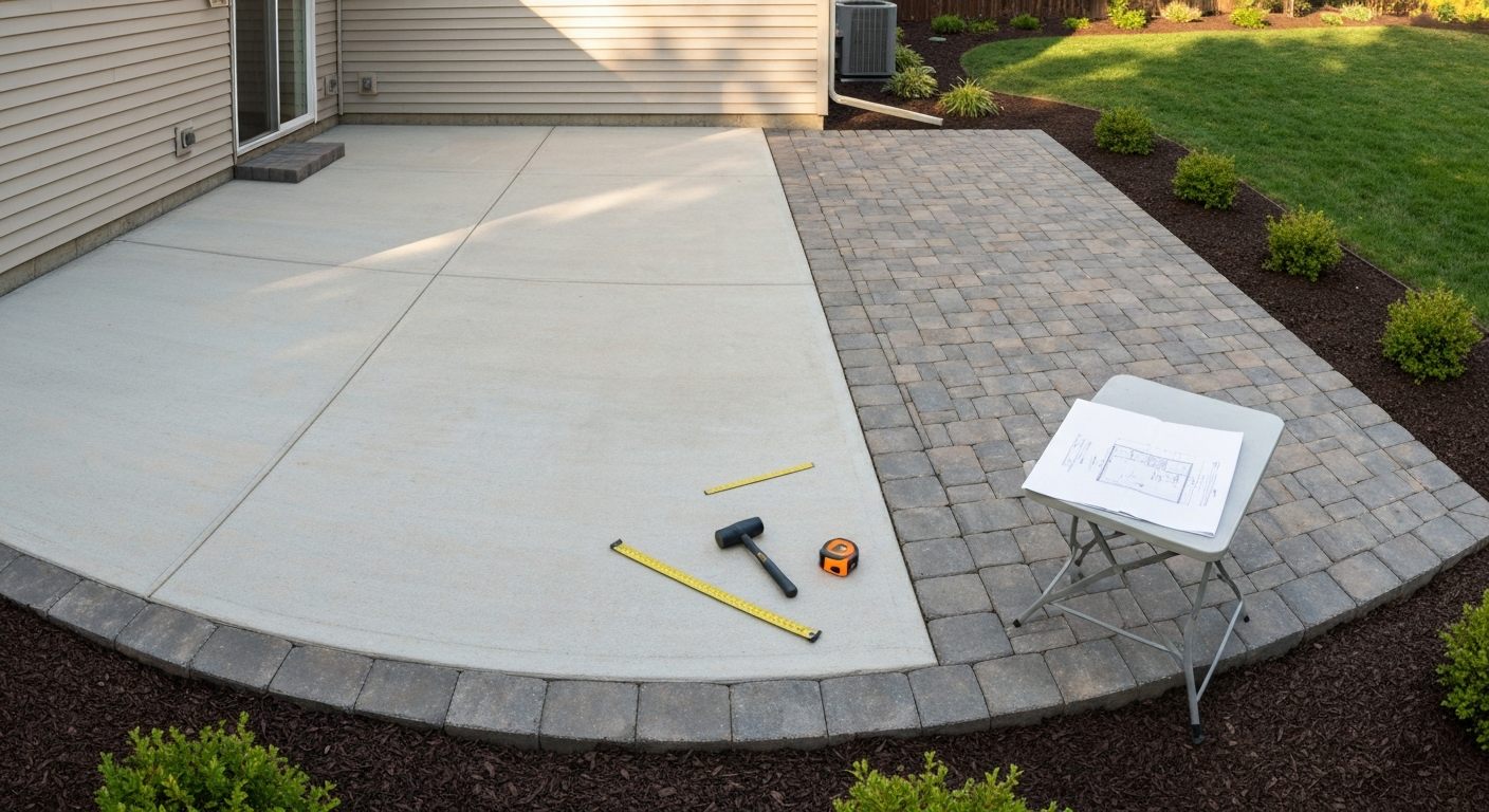 Finished backyard patio add-on showing existing concrete slab joined to new paver extension with proper slope away from house and landscaping.