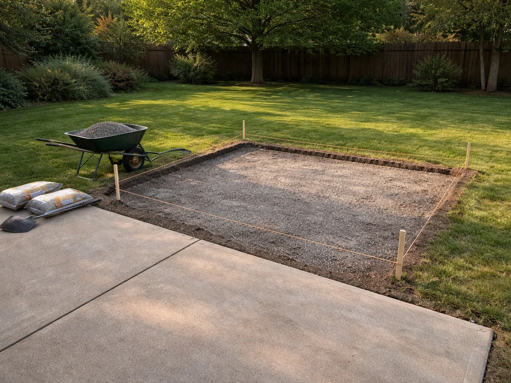 Wide backyard view of an existing patio with the marked extension area ready for new concrete or pavers