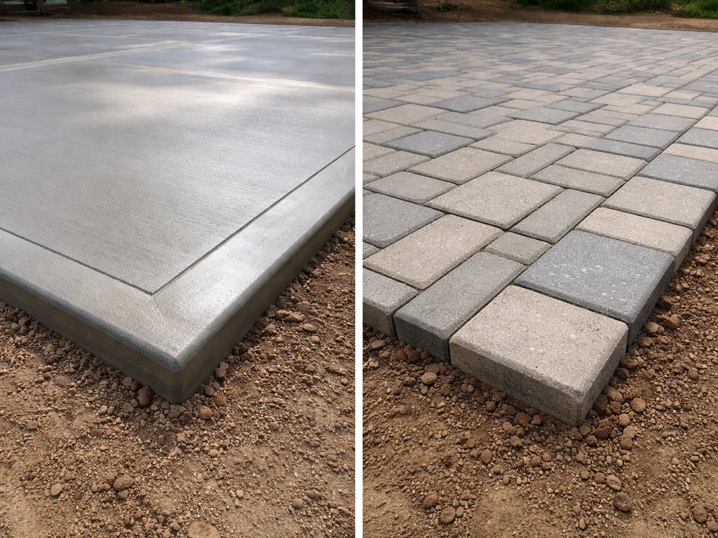 Split view of a concrete patio edge and a neighboring interlocking paver edge, showing two different extension materials