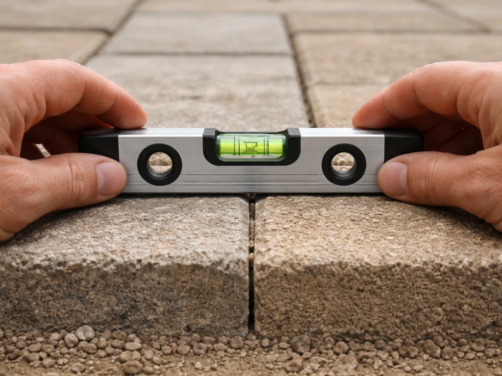Close-up level tool resting on patio blocks, showing new surface finishing flush with existing stone
